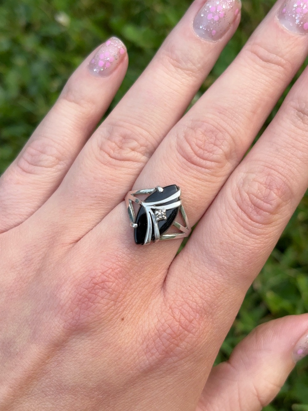 Sterling Silver Vintage Art Deco Black Onyx Gemstone Diamond Navette Ring - Picture 3 of 9